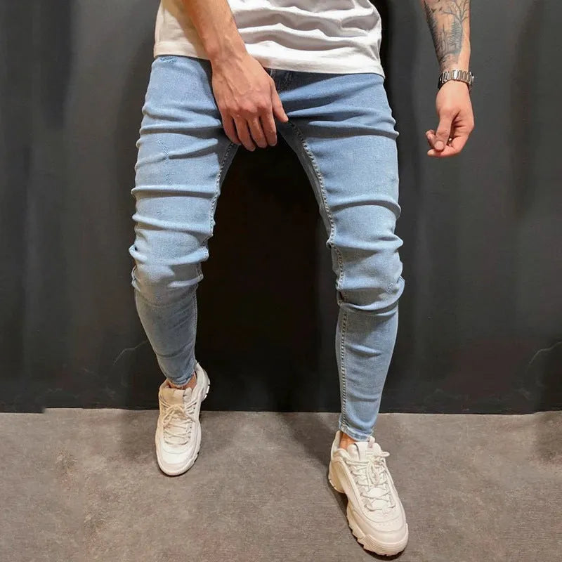 Men's blue polyester denim trousers with mid-waist cut and button placket, sizes S to 3XL