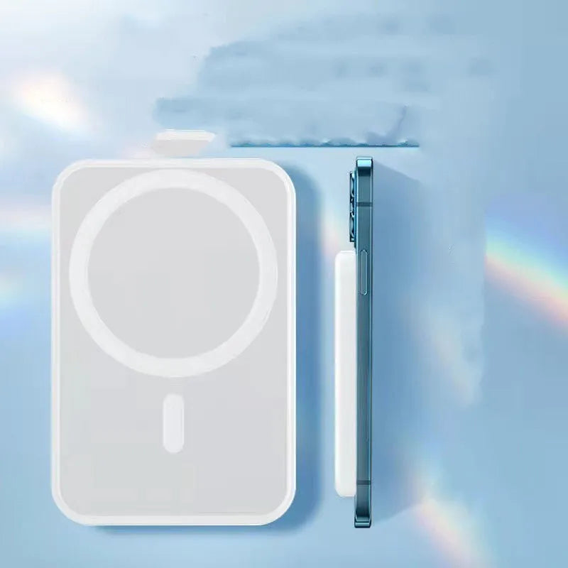 White magnetic wireless charger power bank with 5000mAh capacity and compact dimensions