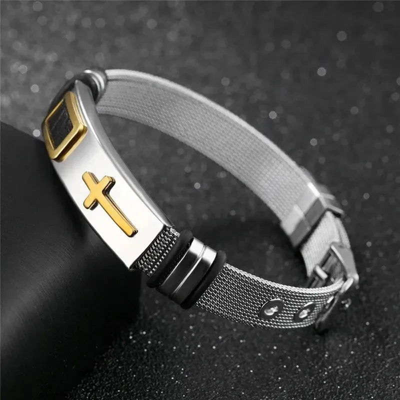 Adjustable 3D cross bracelet in stainless steel mesh chain, gold or black, about 24g, for women and men