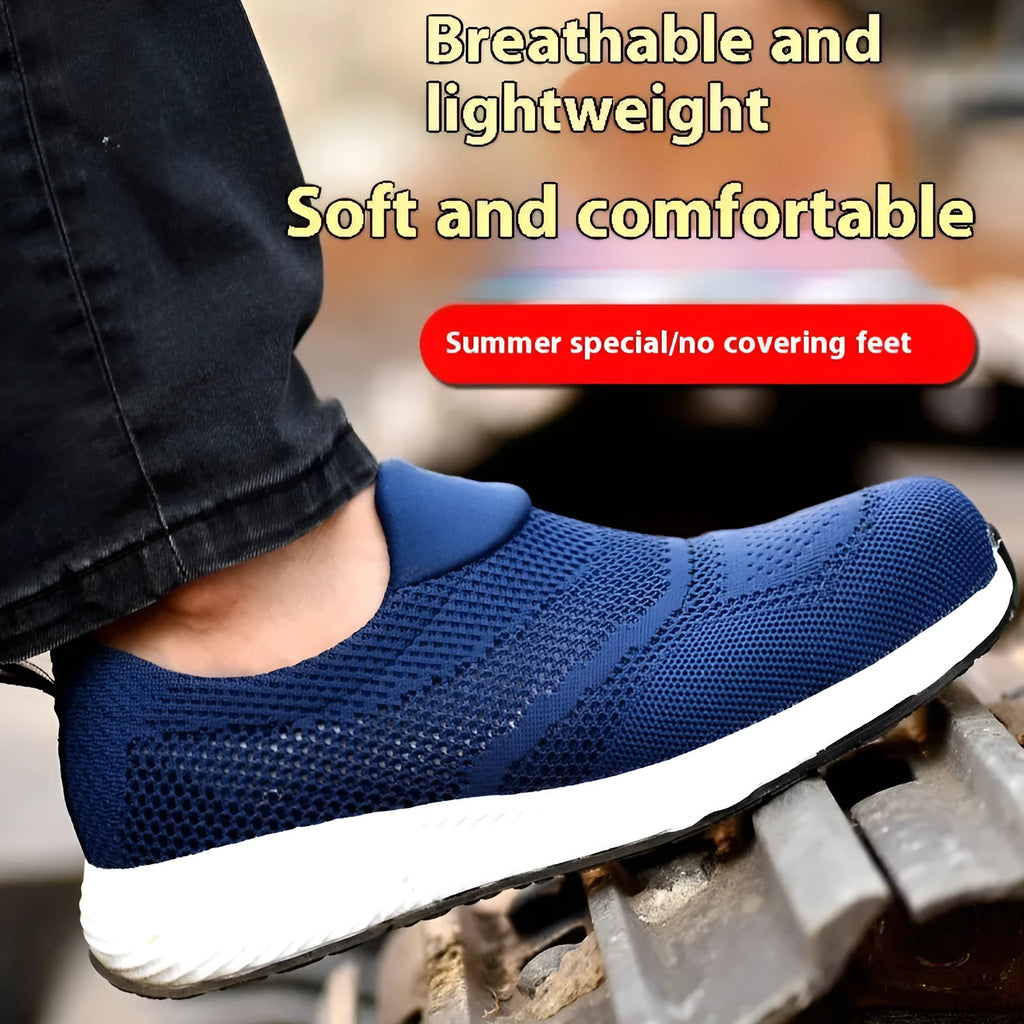 Men's steel toe work shoes with mesh upper in black, blue, and red colour options