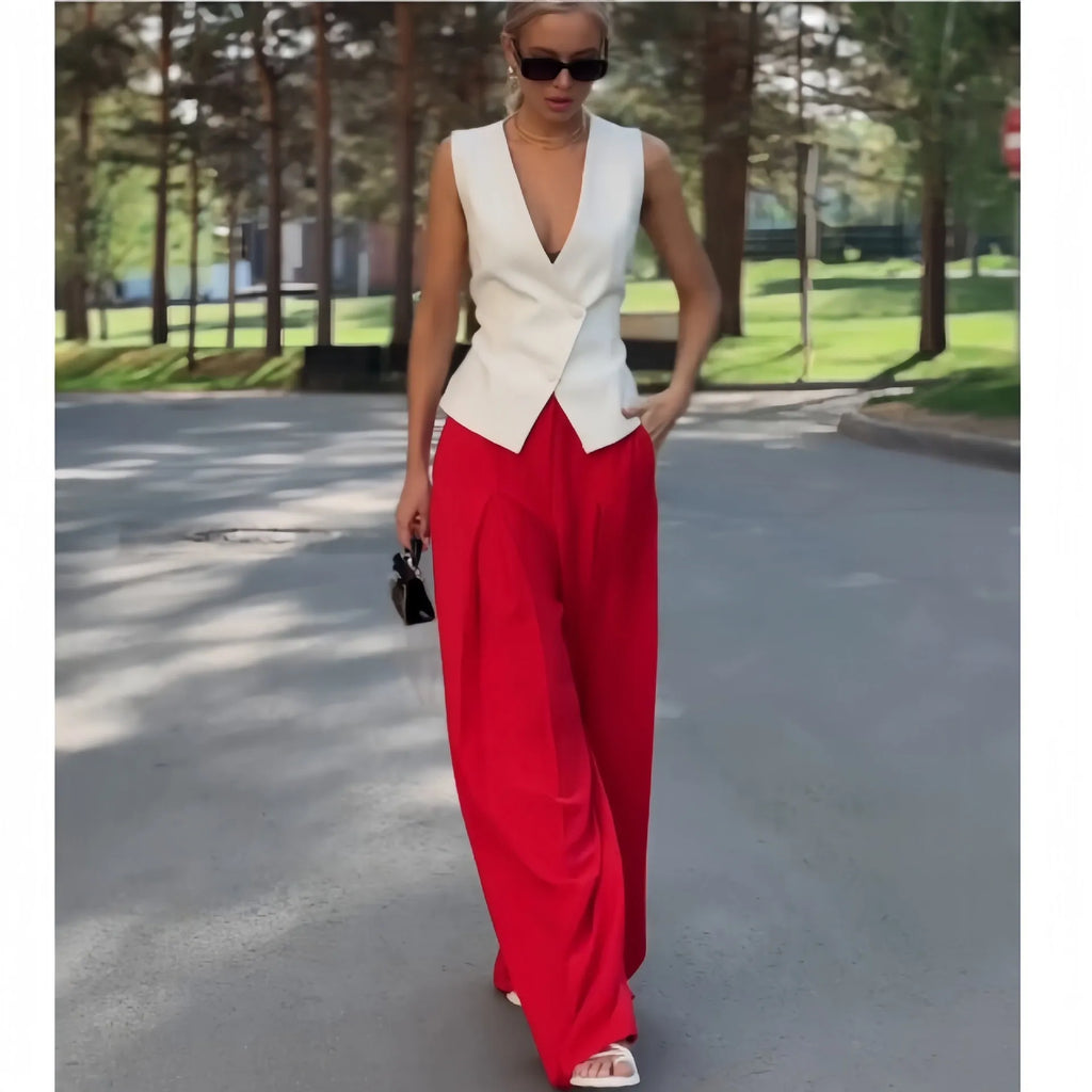Women's beige deep V-neck sleeveless top and high-waist wide-leg trousers two-piece set