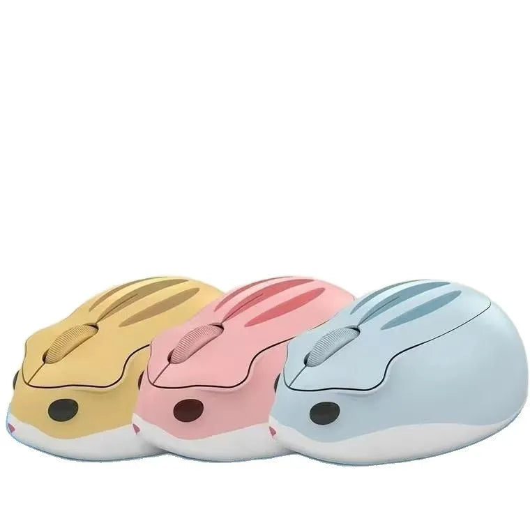 Hamster wireless Bluetooth mute mouse in grey, pink, or yellow colour on a desk.