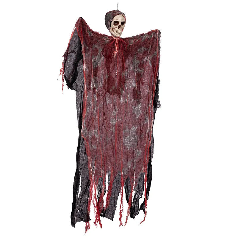 Halloween hanging ghost pendant with dyed blood skull face and wavy ghost clothes on a porch