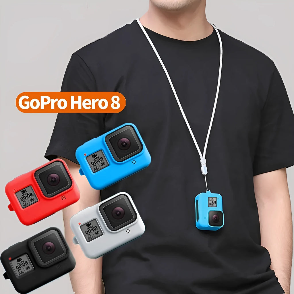 GoPro Hero 8 Black camera with blue silicone protective sleeve and a blue neck lanyard attached.