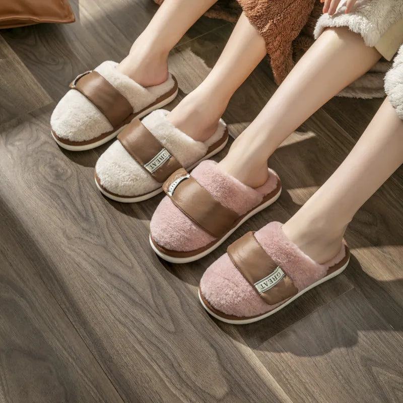 Velcro floor slippers with plush upper and plastic sole, available in five colours, sizes 36-45
