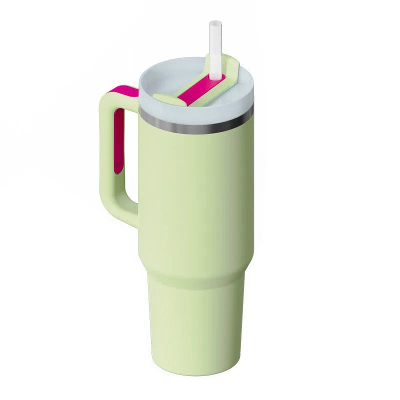 40 oz insulated stainless steel tumbler with handle straw and spill proof lid in a tapered design for car or gym use