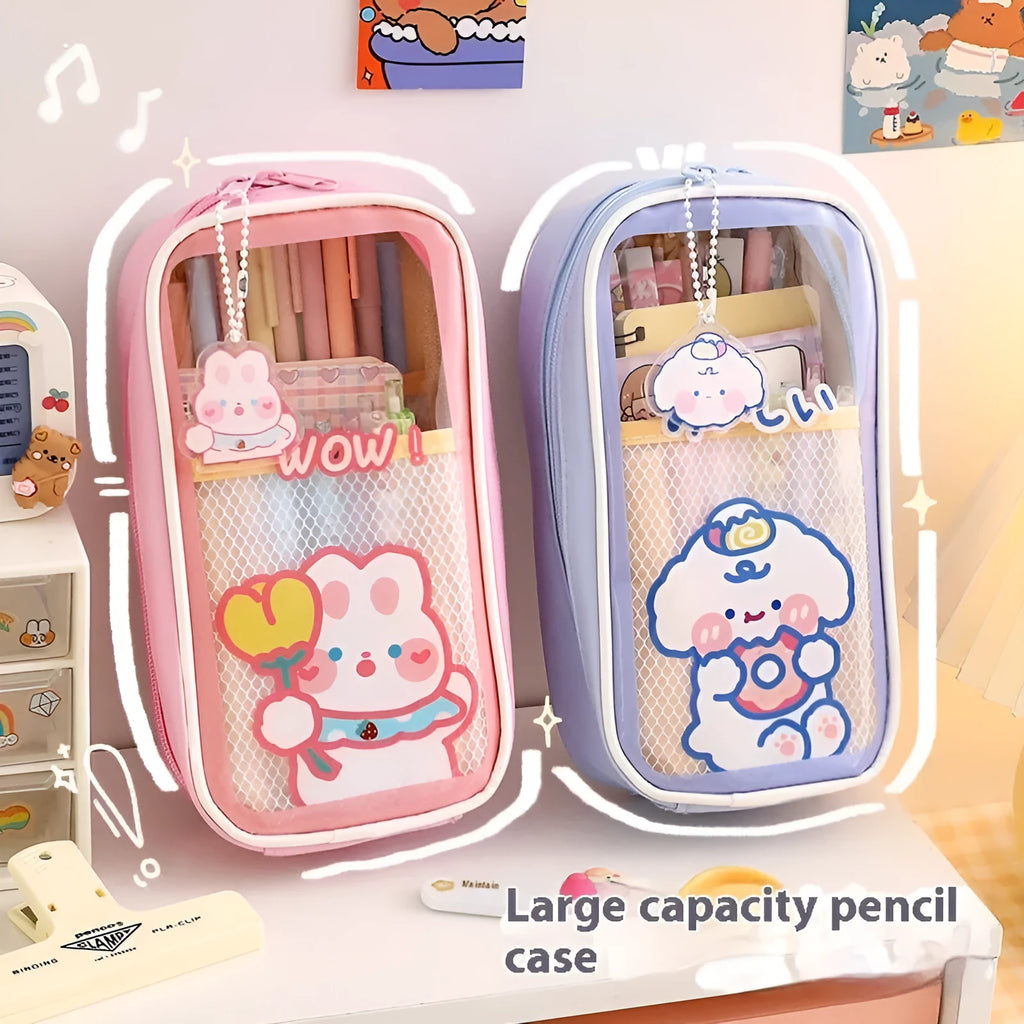 Transparent PVC student pencil case with vertical South Korea style candy bear design