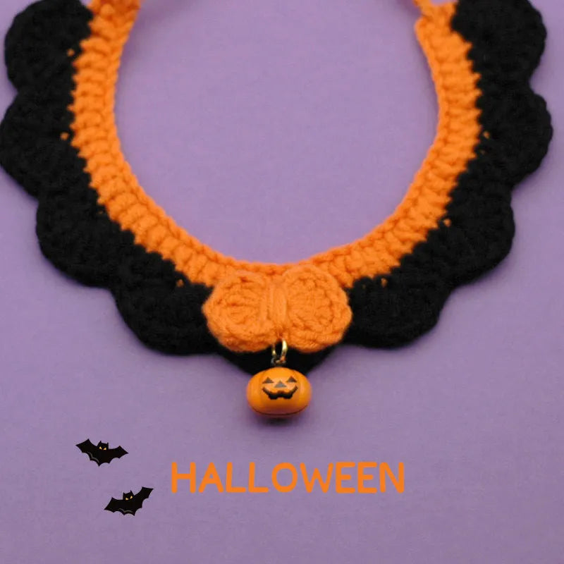 Hand crocheted wool pet collar in pumpkin colours with adjustable sizing for Halloween photography