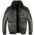 Men's genuine sheepskin leather flight suit jacket with animal pattern in black, front view, short loose fit