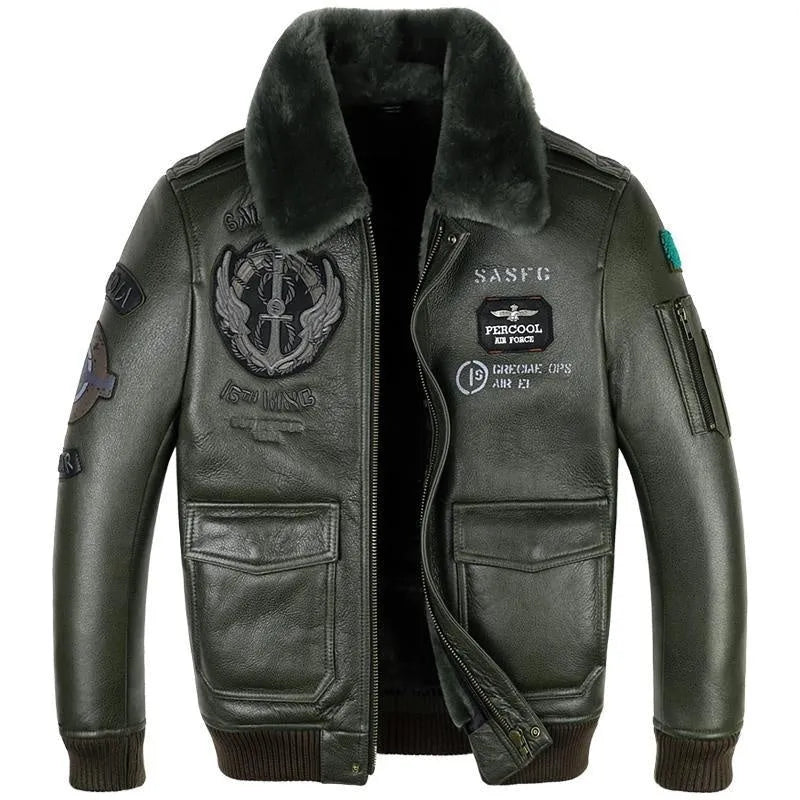 Men's genuine sheepskin leather flight suit jacket with animal pattern in black, front view, short loose fit