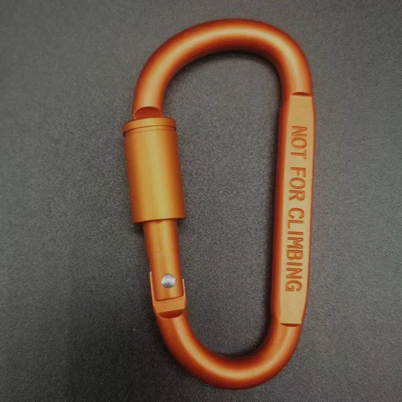 Aluminium D-shaped carabiner with lock shown in multiple colour options including black, silver, red, and blue.