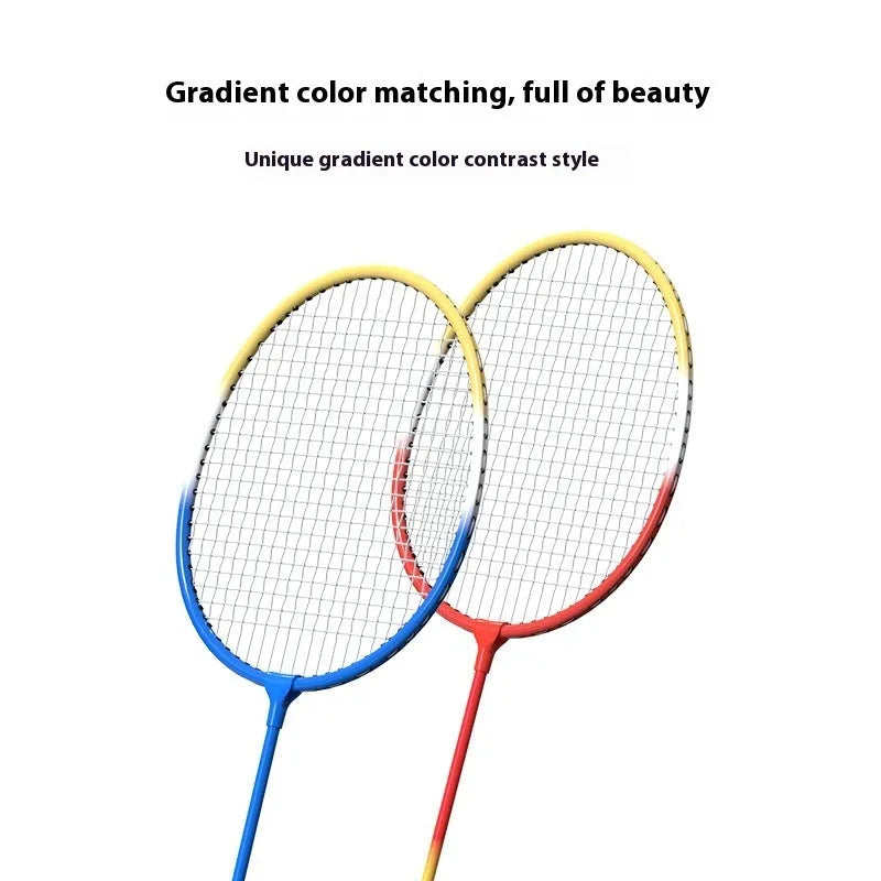 A pair of ultra-light alloy badminton rackets in blue and red colours.