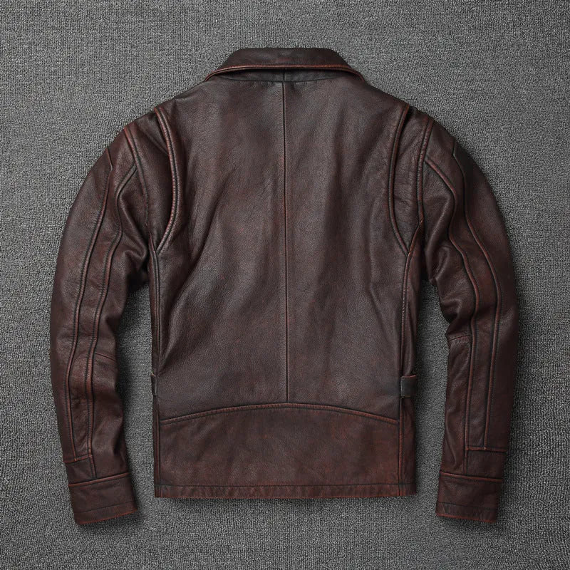 Men's short motorcycle leather coat in reddish brown with stonewashed distressed finish, front view