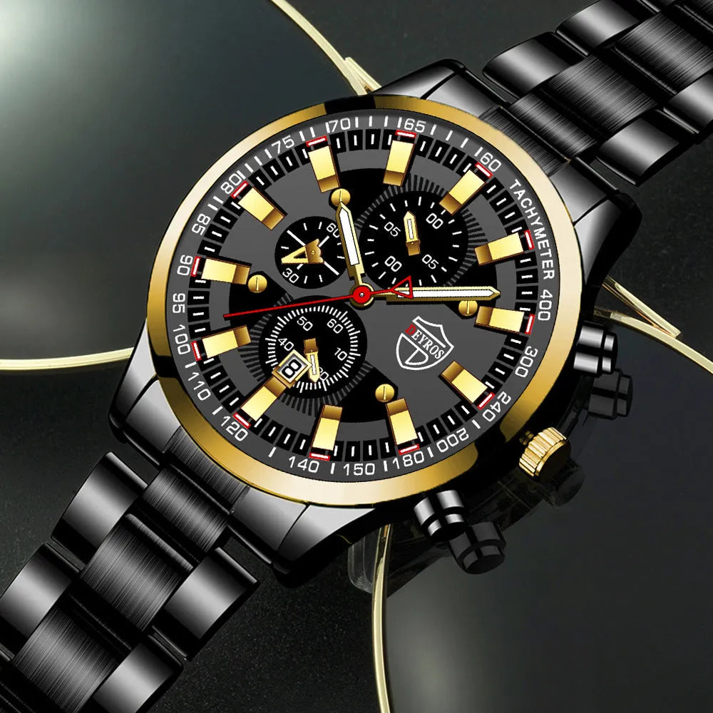 Men's stainless steel quartz wristwatch with luminous dial, calendar, and 24-hour subdial, 42mm, black dial