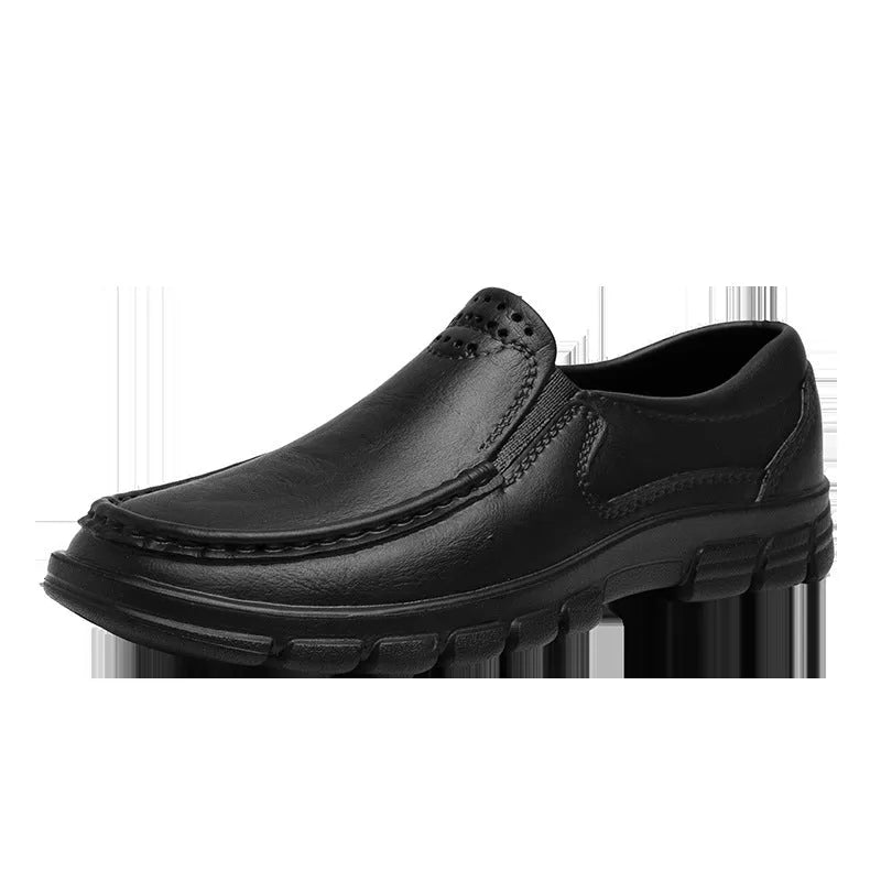 Men's black slip-on work shoes with platform heel and artificial leather waterproof upper