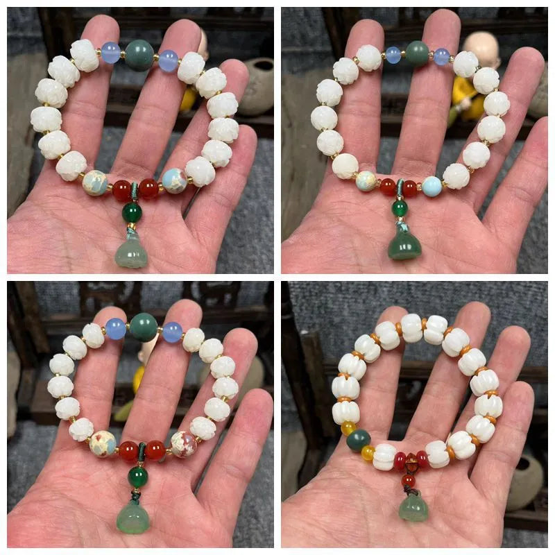 Hand-carved pumpkin lotus beads bracelet in white jade and bodhi root with multiple bead sizes