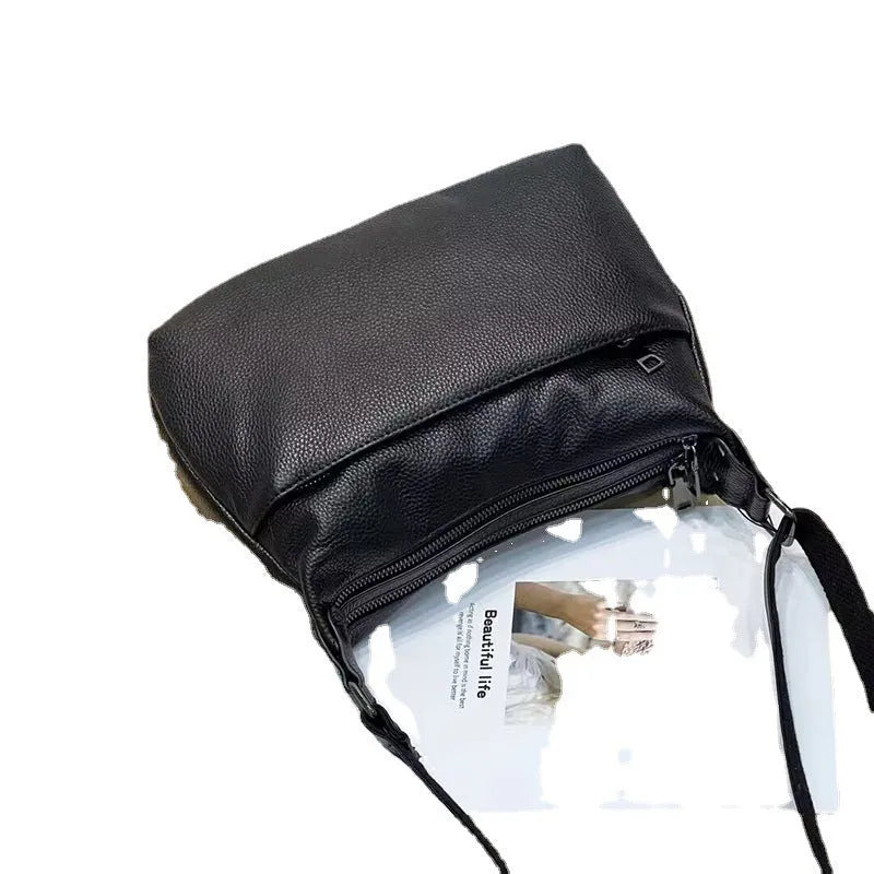 Large capacity genuine leather shoulder underarm crossbody bag with soft horizontal square shape and polyester lining