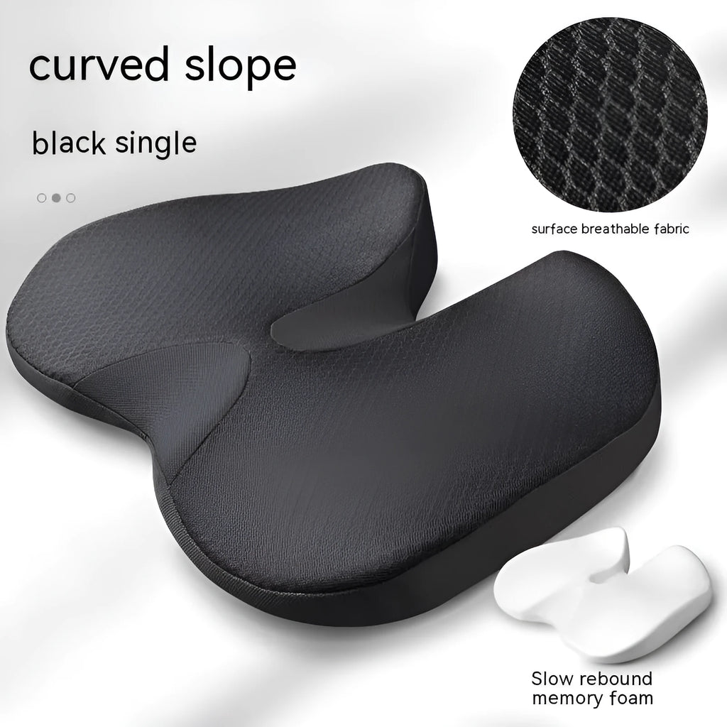 Curved bevel memory foam seat cushion for tailbone support in beige colour on a car seat.