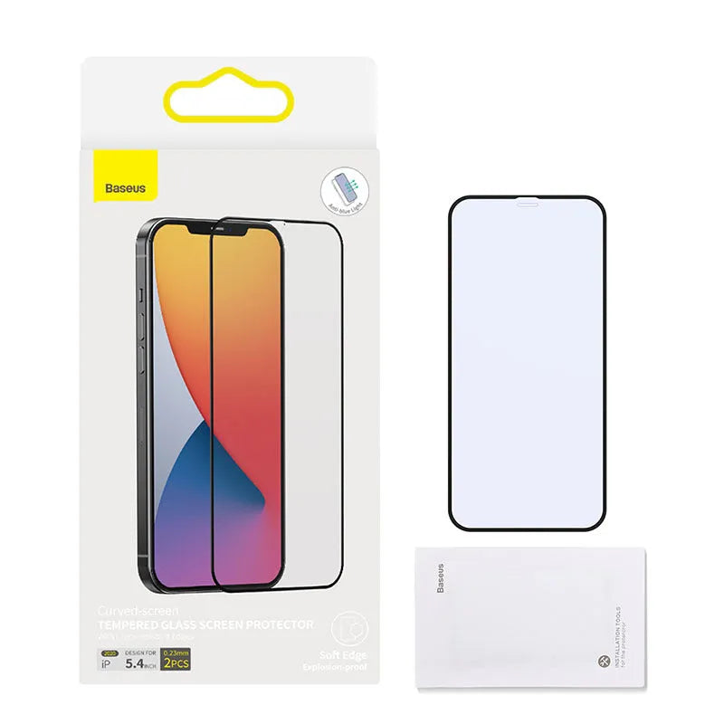 Black 0.23mm tempered glass screen protector for iPhone 12 mini with curved edges and anti-blue light filter