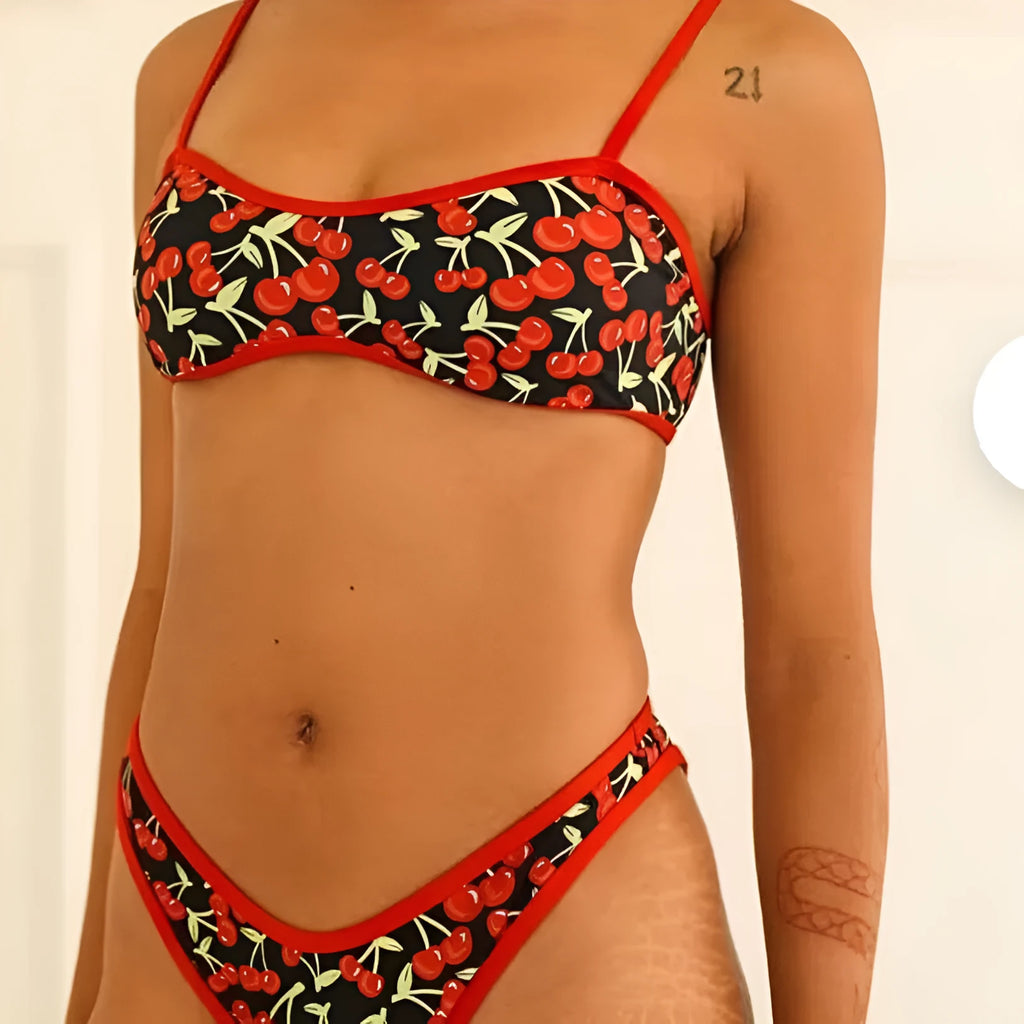 Women's cherry print bikini set with tube top and briefs in polyester fabric
