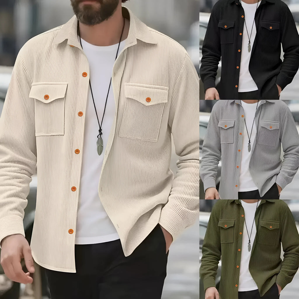 Men's solid-colour corduroy jacket in light gray, black, beige or army green, sizes S to XXXL, simple casual style