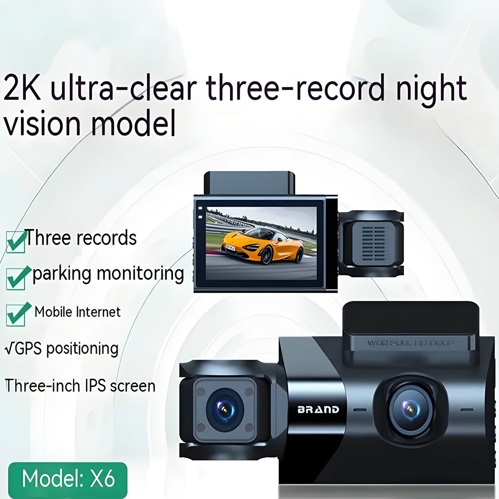 Black car dash cam with 5 inch screen mounted on a bracket, showing front and rear camera lenses.