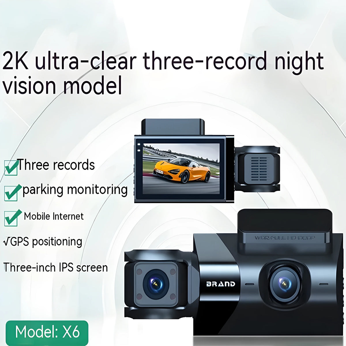 Black car dash cam with 5 inch screen mounted on a bracket, showing front and rear camera lenses.