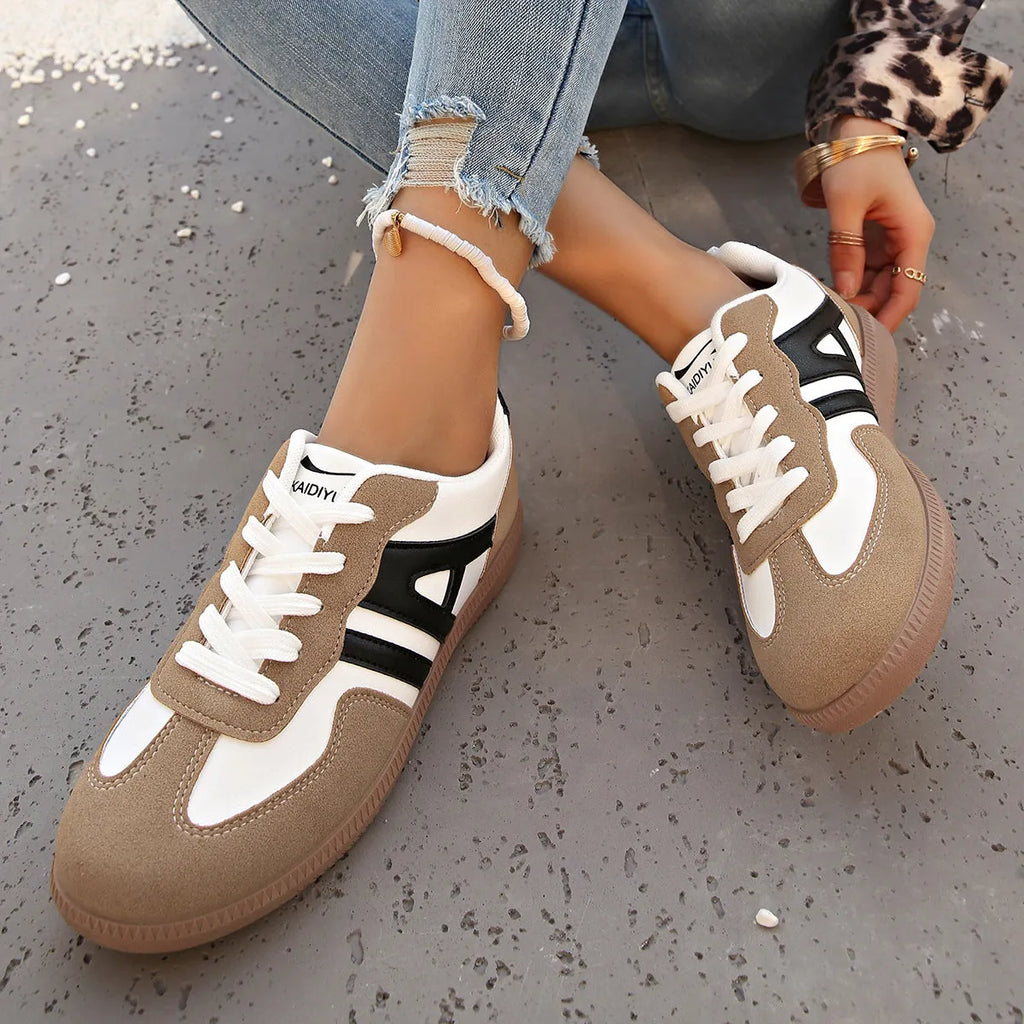 Women's retro colour matching lace-up jogging shoes with platform heel in black, grey, and khaki.