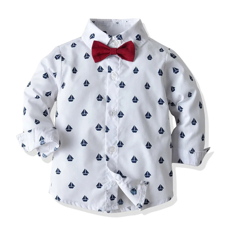 Boys red cotton three-piece suit set with long-sleeved shirt, single-breasted vest, and pants