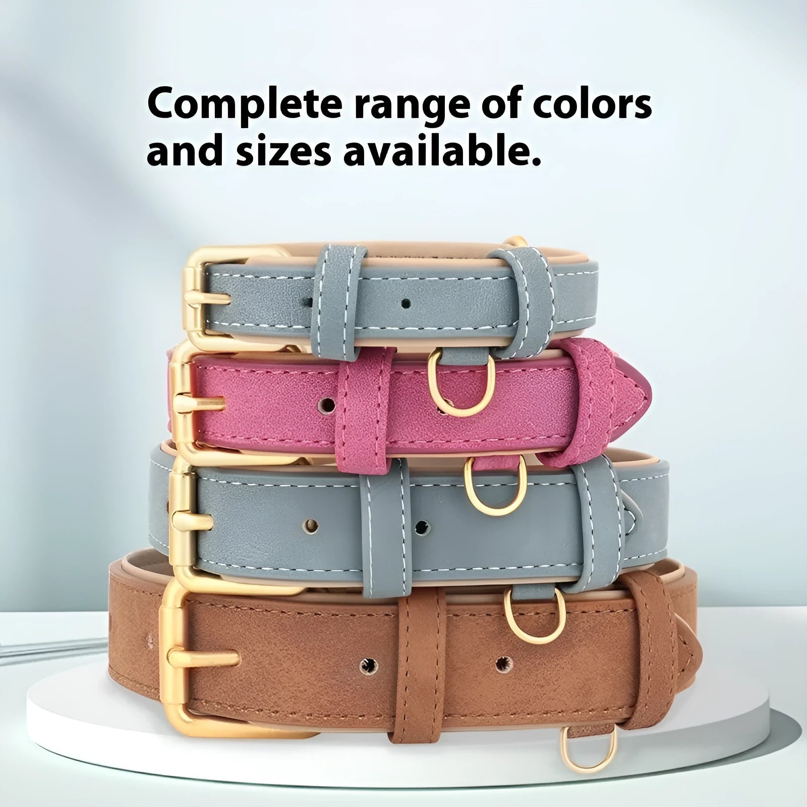 Fashionable rose red mohair and leather double-layer dog collar with matching rope, shown on a size chart.