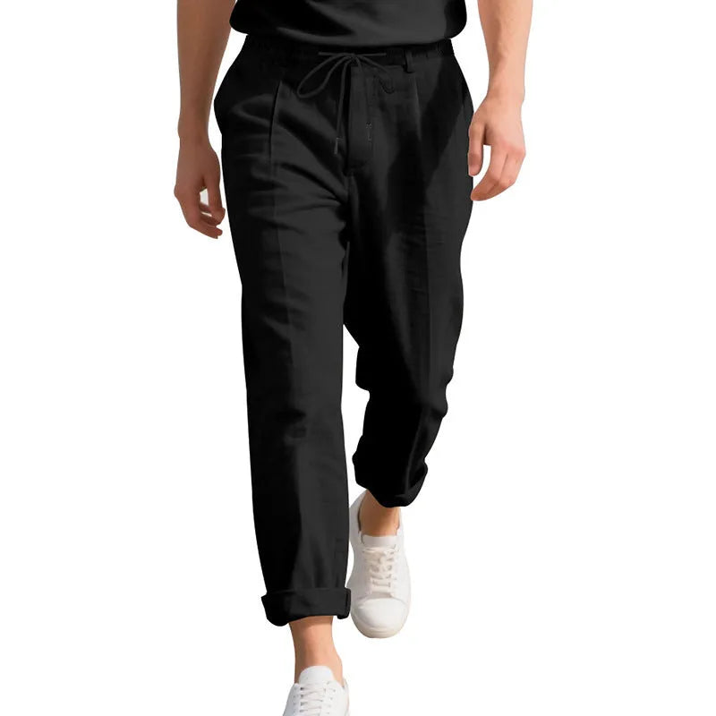 Men's linen casual pants in straight-leg style with drawstring waist in various colours