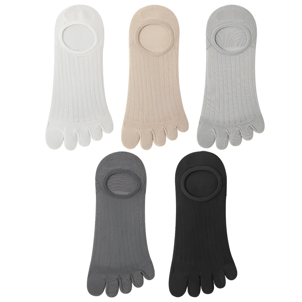 Men's modal five-finger invisible socks in white, shown on a foot with a low-cut shoe.
