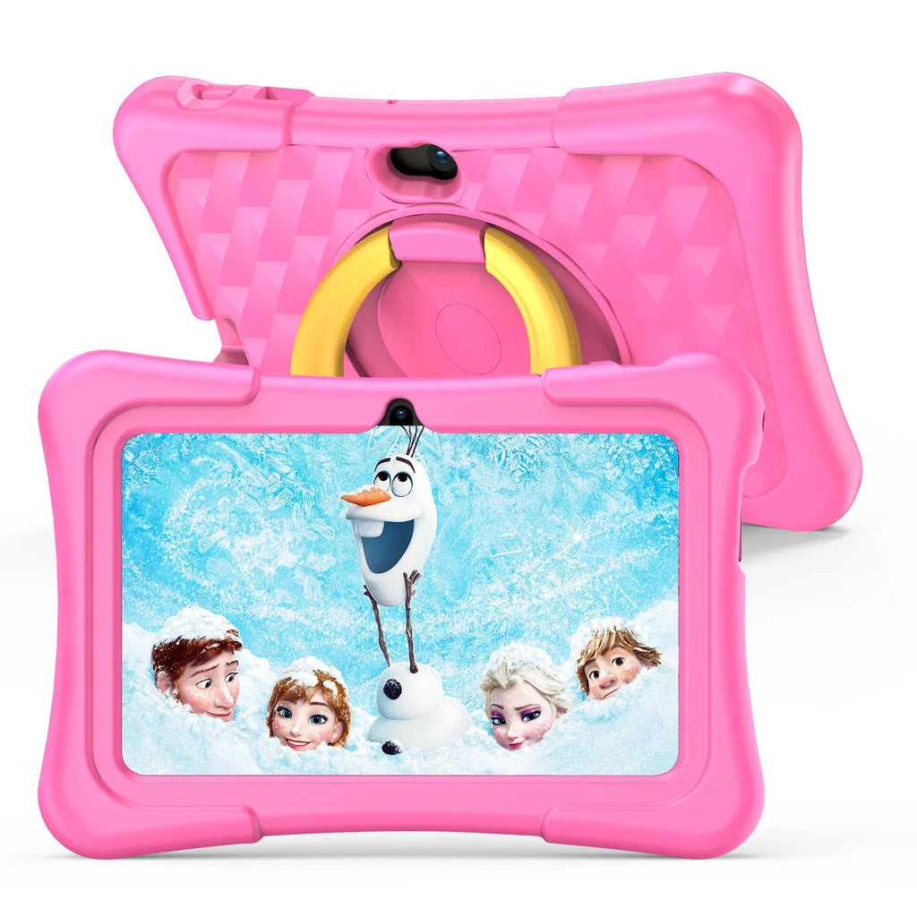 Blue children's educational tablet with a rotating handle and a silicone protective cover on a 7-inch screen