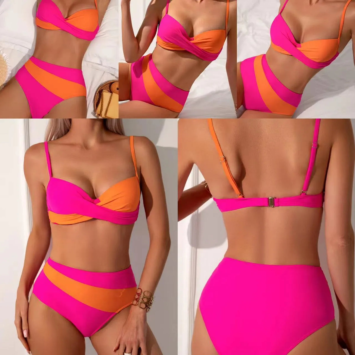 Orange women's bikini set with steel underwire bra and matching briefs on a mannequin.