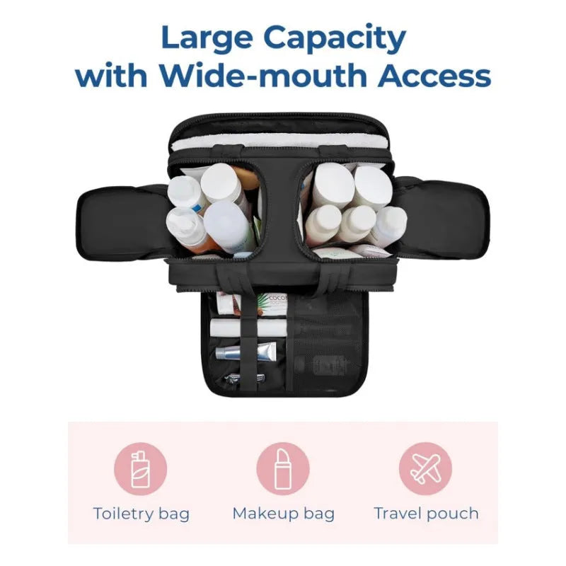 Large travel toiletry bag with wide open top showing interior capacity