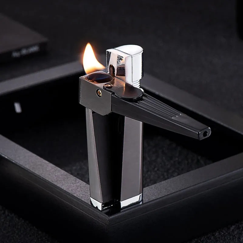 Metal pipe lighter with folding flap covering lighter mechanism and stash compartment