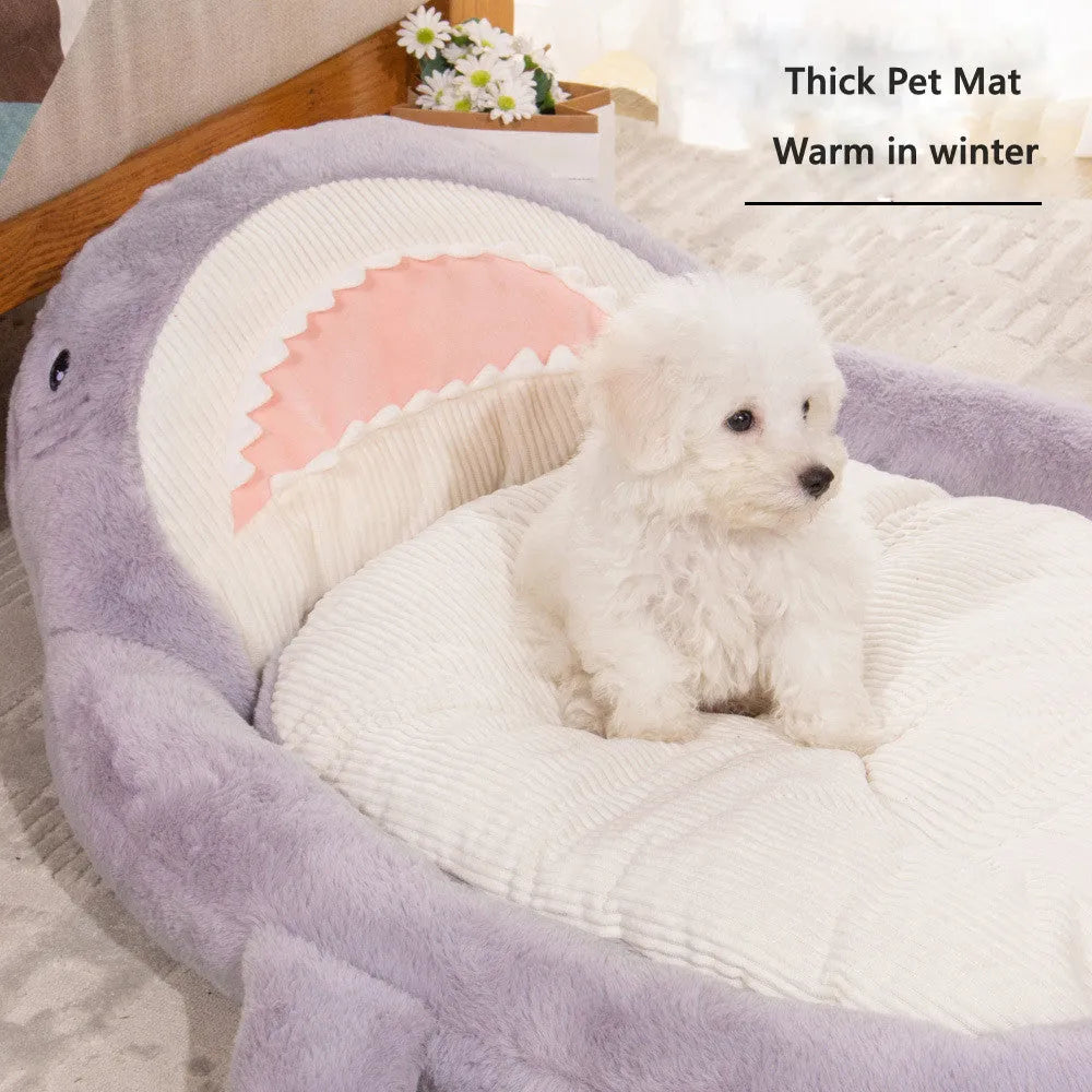 Blue shark pattern velvet pet bed cushion with no-slip bottom for small to medium dogs