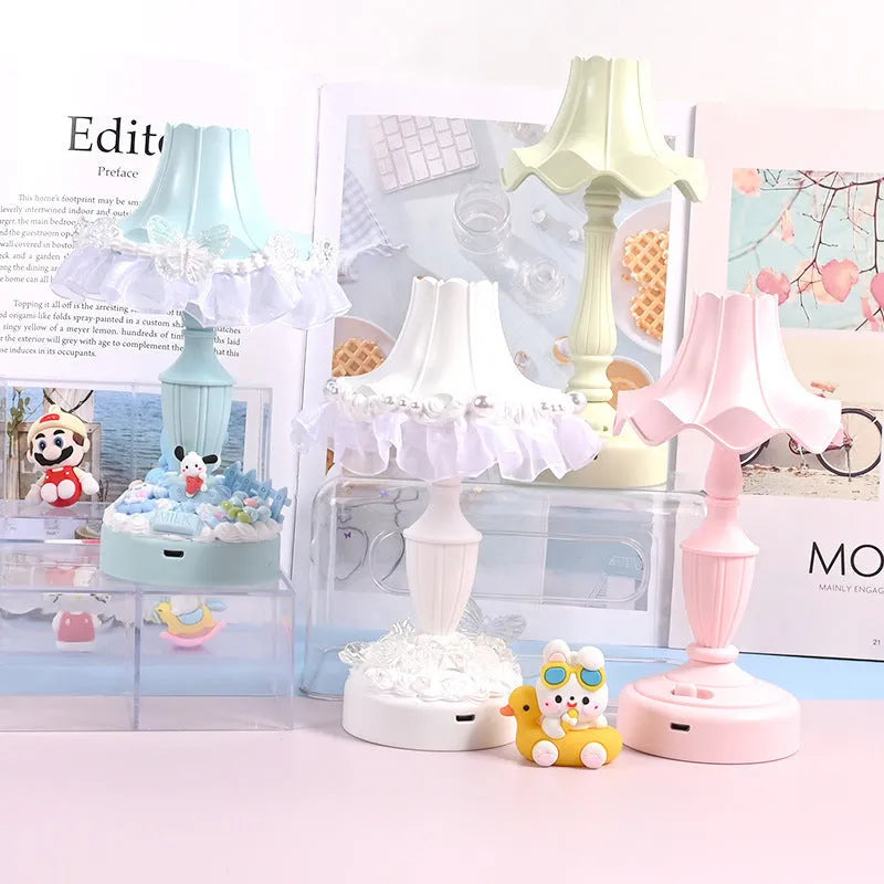 Cream retro simple DIY table lamp with pink or white flowers, lead-acid battery and USB cable
