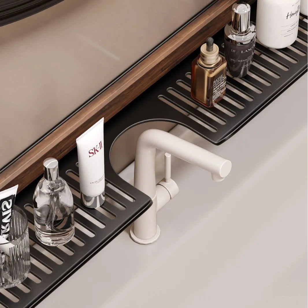 Aluminium alloy faucet hanging rack in black or milky white, over sink shelf, 40cm to 80cm widths