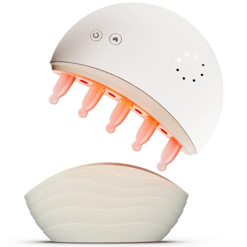 White electric moon comb with jade scalp massage surface and USB power, three gear settings.