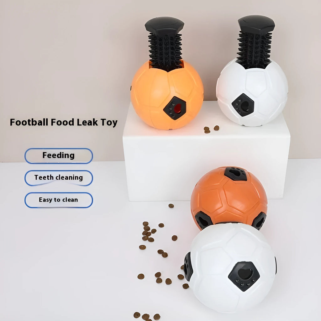 Orange and white TPR rubber dog toy ball with hollow design and teeth cleaning stick variant