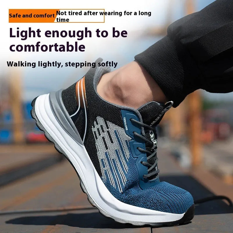 Blue men's safety work shoes with mesh upper, plastic toe cap, and lace-up closure