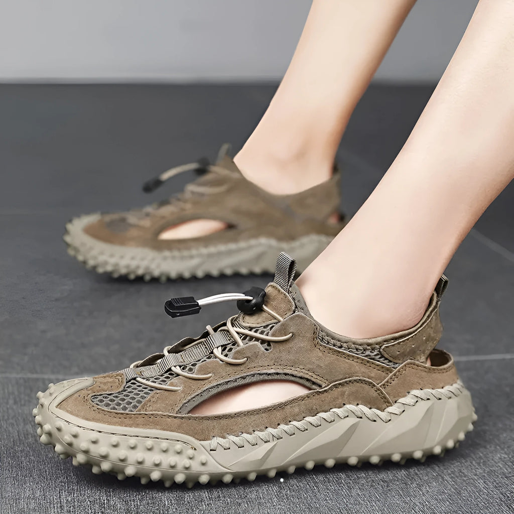 Men's black waterproof sports sandals with leather mesh upper and elastic band closure
