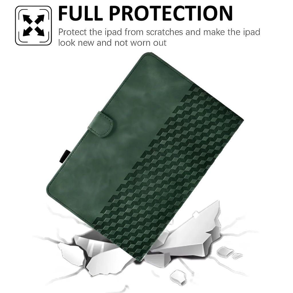 Embossed leather iPad case for iPad Pro 11 and Air 11 with card holder slot and stand open.