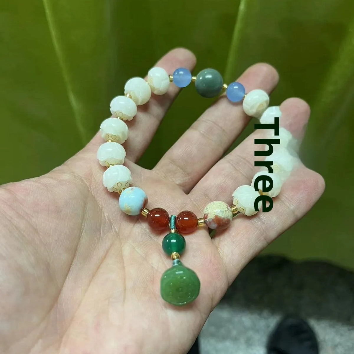 Hand-carved pumpkin lotus beads bracelet in white jade and bodhi root with multiple bead sizes