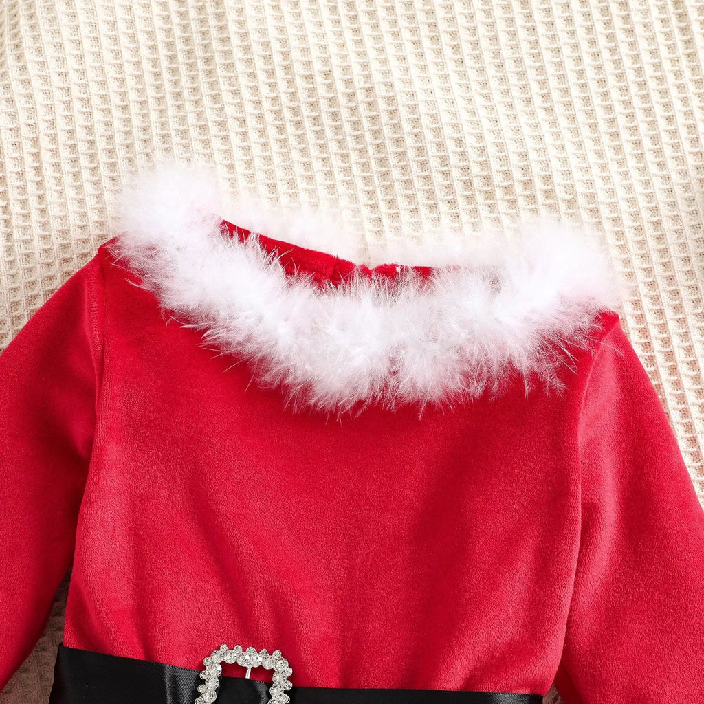 Girls red cotton Christmas dress and headband set, sizes 12M to 5T