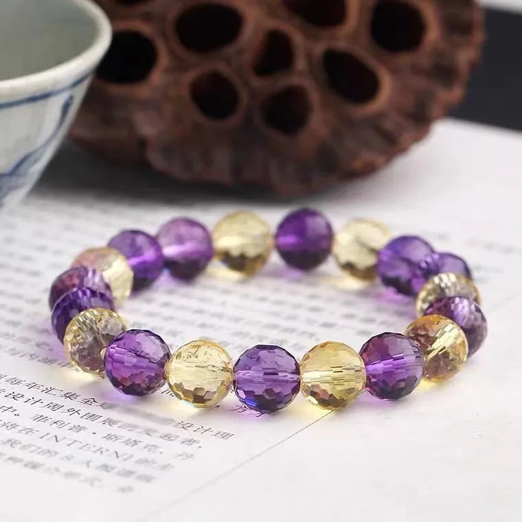 128-cut ametrine crystal bracelet with faceted beads showing constellation and heart shapes