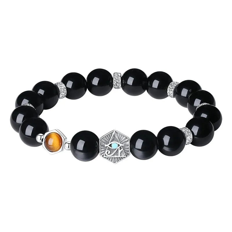 Men's retro-style S925 sterling silver bracelet with an inlaid 8mm God's Eye obsidian stone.