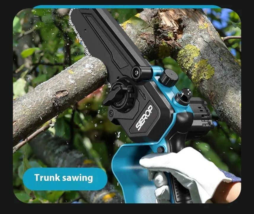 6-inch brushless electric pruning saw with 2.5 m high branch rod, 10 sections, 21V batteries, and SK5 steel blade