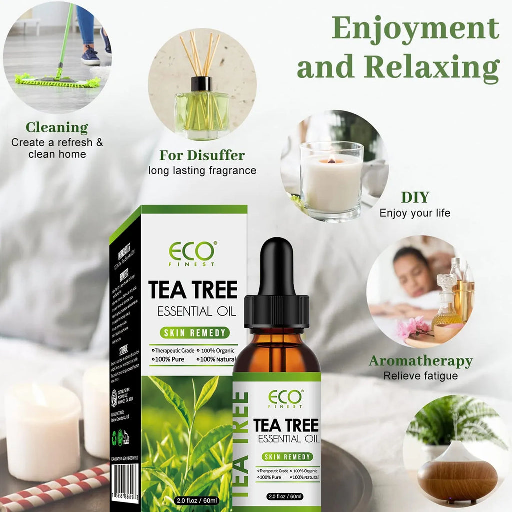 60ml glass bottle of pure tea tree essential oil for topical acne treatment and skin care.
